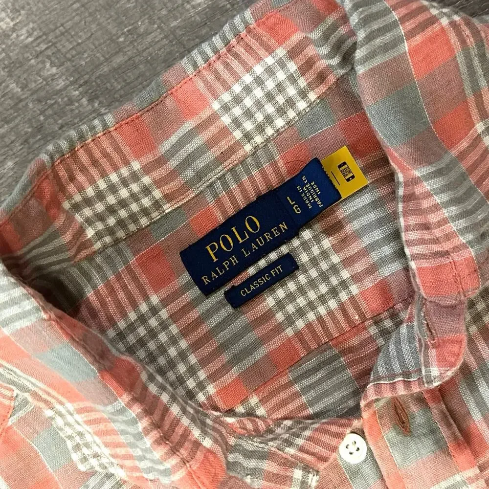 POLO Ralph Lauren Linen Long Sleeve Button Up Shirt Mens L Plaid Classic Fit